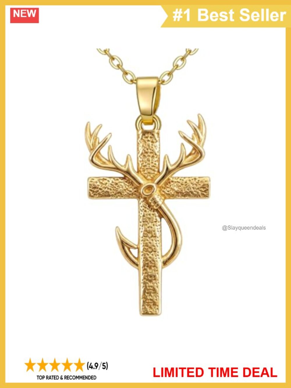 14K Gold Cross Necklace Deer Antler Fish Hook Pendant 18+2" Faith Gift